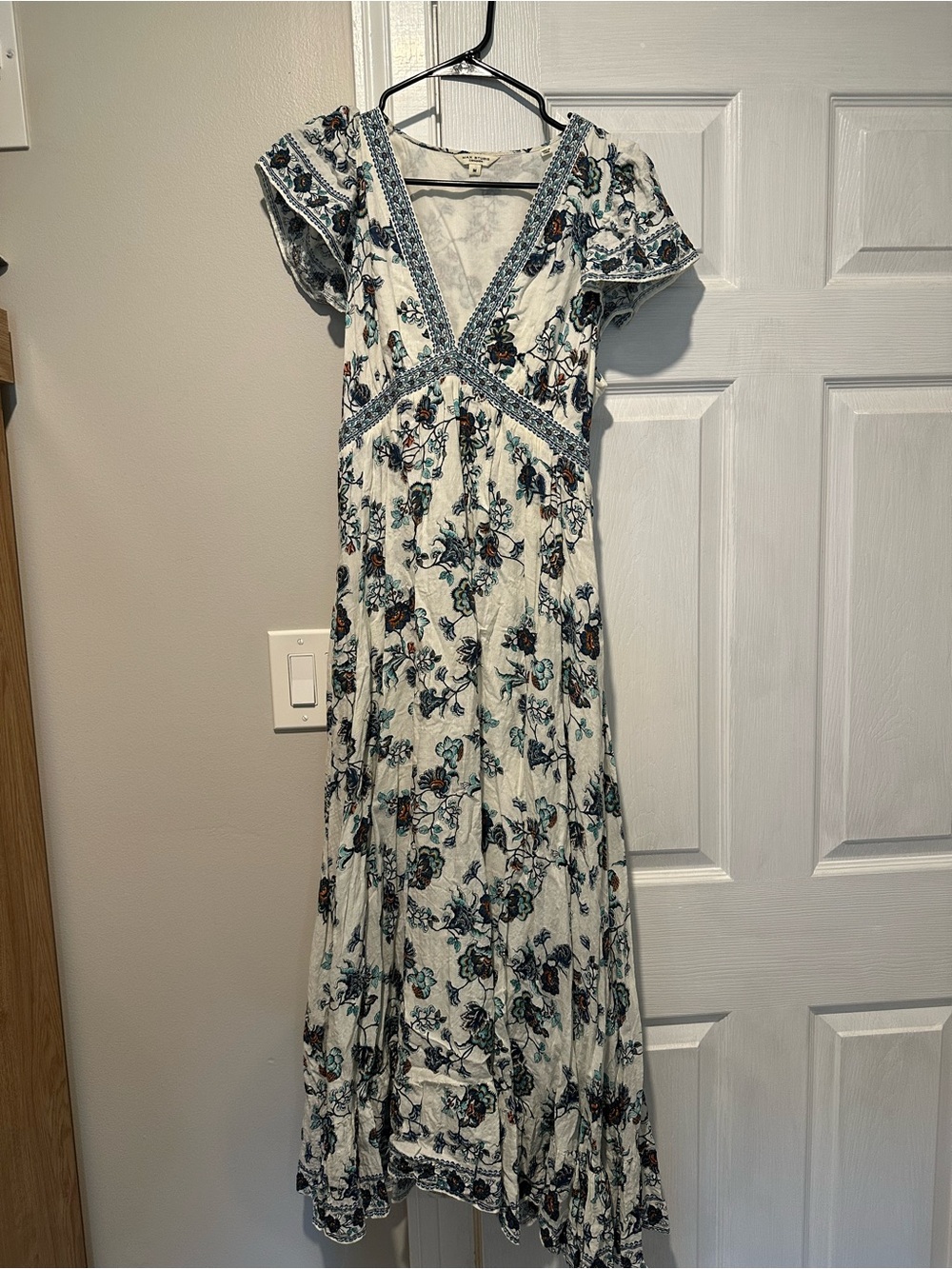 American Eagle Outfitters White Maxi Dress with Teal and Brown Floral Print